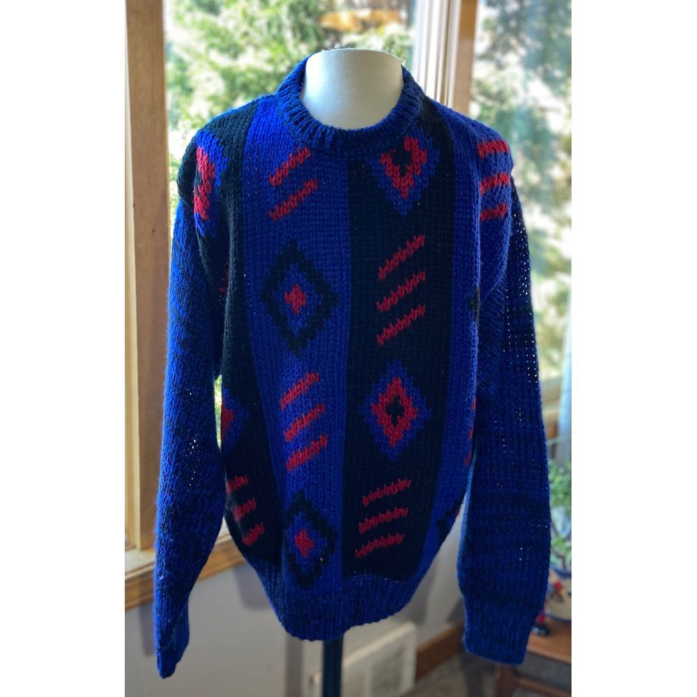 Vtg‎ Visage Hand Knit Garment Men's Chunky Ski Sweater Blue Geometric 80s